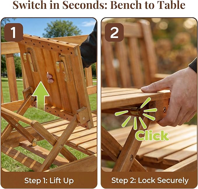 Flamaker Outdoor Bench with Pull-Up Table, Acacia Wood 2-Person Loveseats | Solid Wood Weather-Resistant Patio Seating with Convertible Center Table for Garden, Backyard, Porch, Poolside, Log Brown