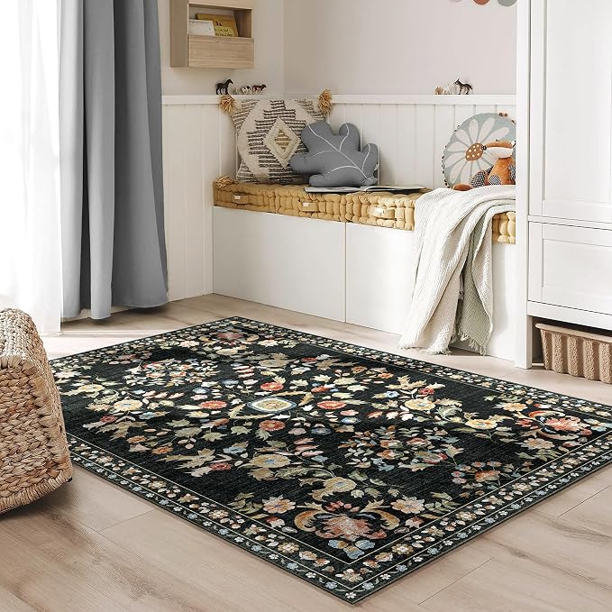 Washable Rug 4x6.5 Floral Area Rugs Non Slip Ultra-Thin | Machine Washable Small Throw Carpet for Bedroom Living Room Office Playroom Floor Indoor Low Pile Boho Vintage Black