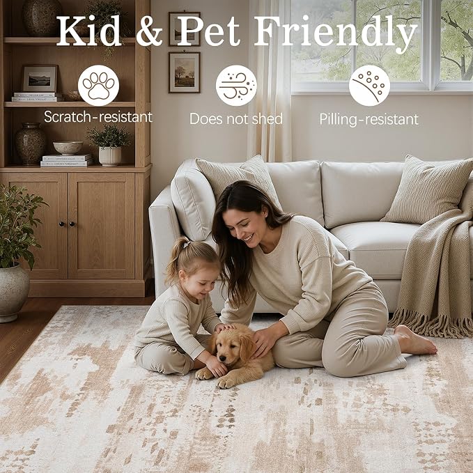 DCX Abstract Washable 5x7 Rug, Non Slip Low Pile Rug, Beige | Easy to clean, non-shedding, soft, kid & pet friendly, with a non-slip rubber backing for living rooms, bedrooms, and offices