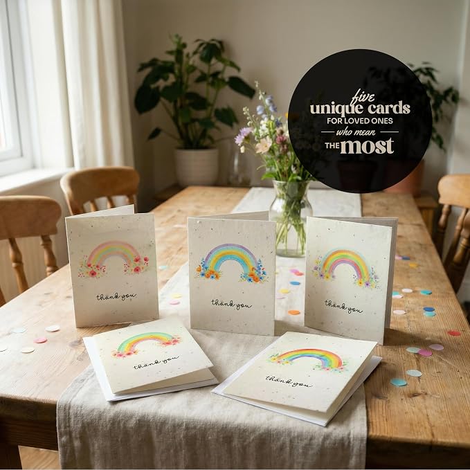 Thank You Cards – 5 Sets of Gift Cards with White Envelope Each, Embedded with Wildflower Seeds, Plantable and Writable Greeting Cards for Weddings, Baby Showers, Teachers, Friends, Business, and Everyday Gratitude