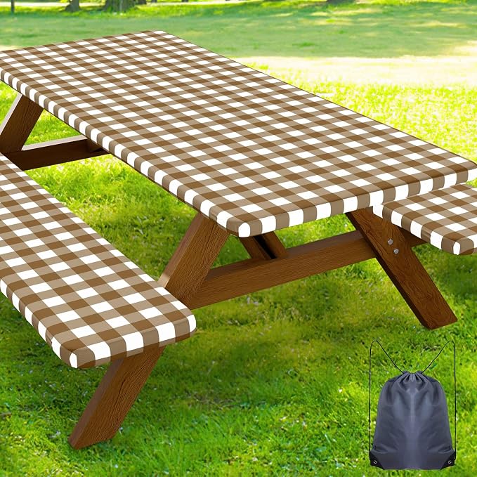 Smiry Picnic Table Cover with Bench Covers, Waterproof Elastic Fitted Tablecloths for 8 Foot Rectangle Tables, Washable Buffalo Plaid Tablecloth for Camping, Outdoor (Brown & White, 30"x96")