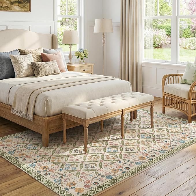 jinchan 6x9 Vintage Floral Washable Large Living Room Area Rug, Sage Green | Soft & Lightweight, Checkered Floral, Low Pile, Non Slip, Bedroom, Dining Room, Girls Room, Home Office, Cottage Decor