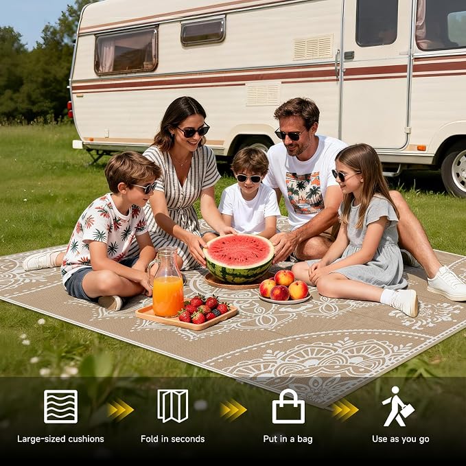 Pauwer Waterproof Outdoor Rug 5x8, Reversible Plastic Straw Patio Camping Rug, Indoor Outdoor RV Mat Carpet for Deck, Camper, Porch, Balcony, Backyard, Picnic, Floral Brown