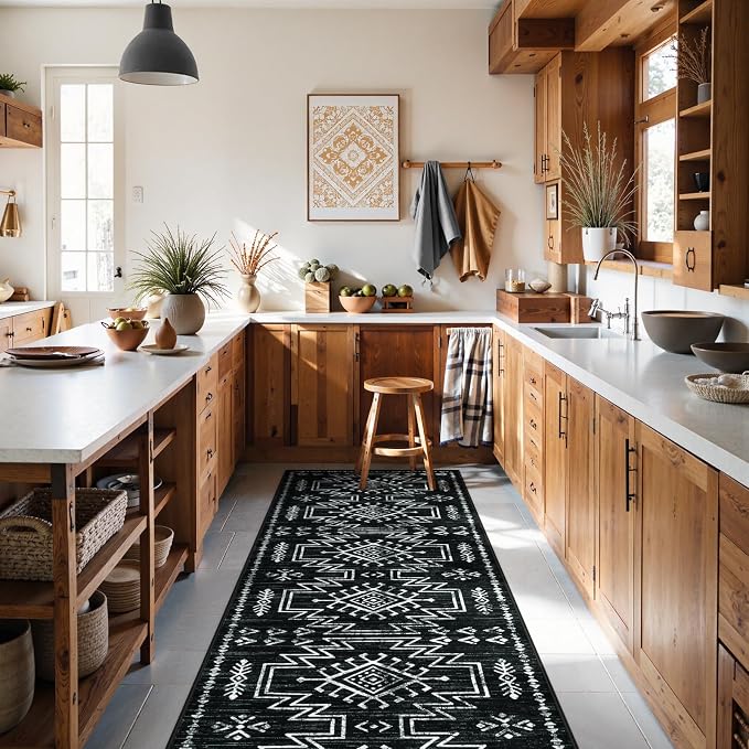 Lahome Black Runner Rug for Hallway Non Slip, 2.5x8 Western Entryway Rug | Boho Washable Stain Resistant Runner Rug for Bathroom Kitchen, Moroccan Low Pile Long Carpet for Entrance