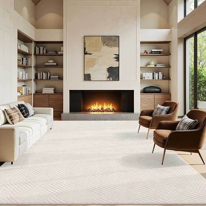 8x10 Living Room Area Rug, Beige Soft Geometric Fluffy Bedroom Mat | Washable Modern Indoor Floor Mat, Non Slip Shaggy Boho Accent Throw Carpet for Office, Dorm, Nursery and Dining Room