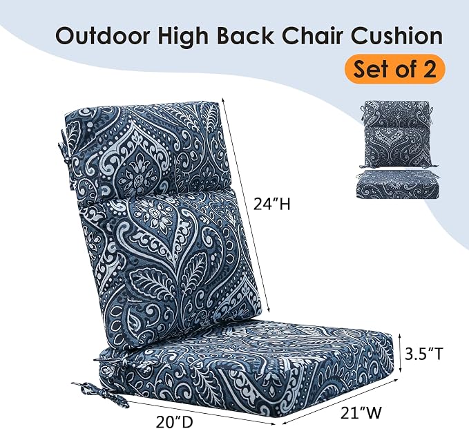 Unimatta Outdoor Separate High Back Chair Cushion Seat Pads, 2-Pack 44 x 21 Inch Water-Repellent & Fade-Resistant Patio Furniture Cushions with Ties for Adirondack, Rocking Chairs, Damask Blue Flower