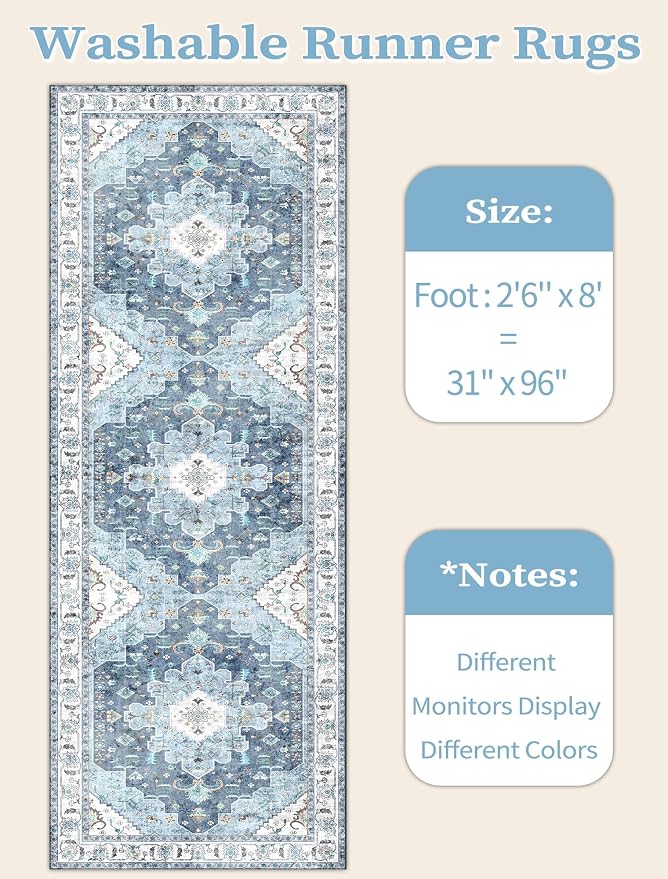 SERISSA 2'6"x8' Washable Non Slip Boho Runner Rug for Hallway | Ultra Soft Vintage Oriental Carpet Low-Pile Distressed Blue Floor Carpet for Kitchen Bedroom Bathroom Laundry Room