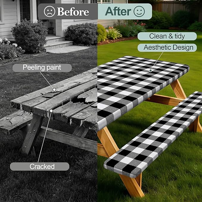 Play Tailor Picnic Table Cover with Bench Covers Camping Essentials Waterproof Windproof Camping Tablecloth with Drawstring Bag, Fitted Rectangle Tables and Seats, 72in, White Black Checkered