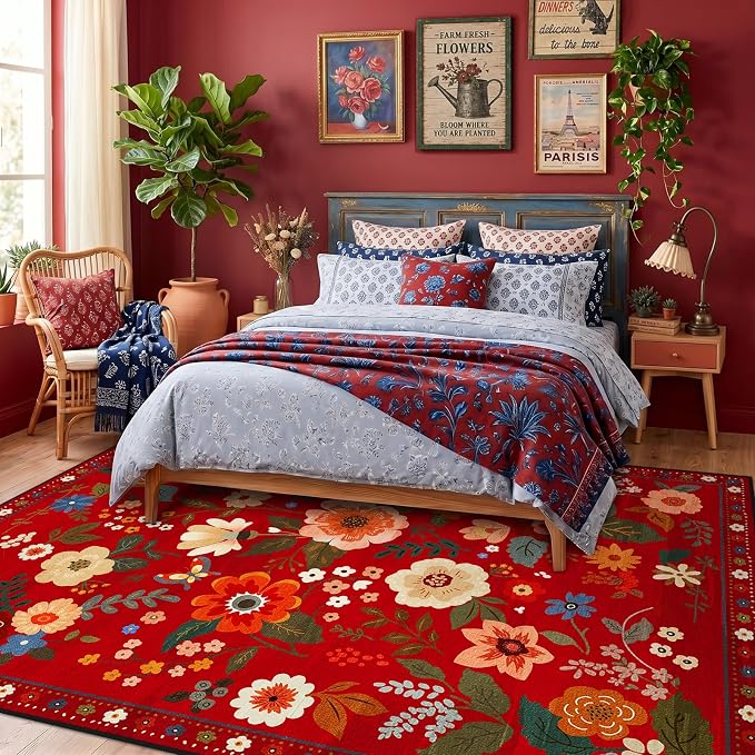 Floral Washable 8x10 Area Rugs Red/Orange | Flower Carpet, Print, Boho, Non-Slip, Easy to Clean, Soft, Low Pile for Living Room Bedroom Kitchen Office Entryway Hallway