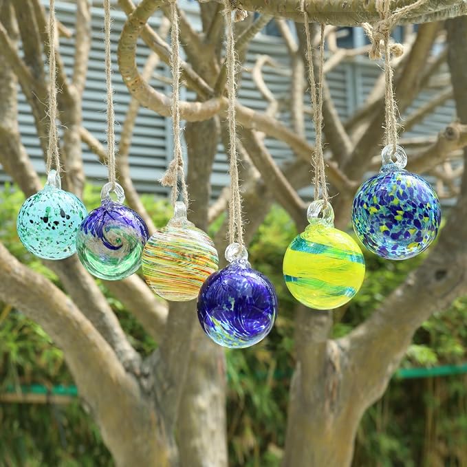 VCUTEKA Hanging Garden Gazing Ball, Glass Witch Ball for Outdoor Decor, 3" | 6pcs Hanging Gazing Balls, Hand-Blown Witch Ball Ornament Colorful Swirl Garden Globe for Outdoor Garden Lawn Yard Decorative