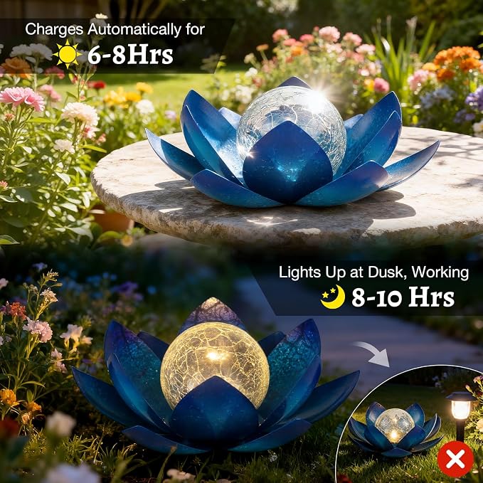 Huaxu Solar Lights Outdoor Garden Decoration Crackle Globe Glass Waterproof LED Metal Blue Lotus Flowers Gift for Mom,Women,Patio,Lawn,Walkway,Tabletop,Ground