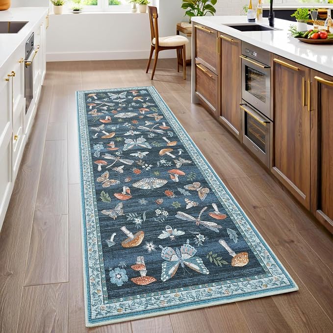 ROYHOME Mushroom Insect Rug 2x6 Runners for Hallways, Boho Kitchen Runner Rugs Non Slip Bath, Modern Washable Rug for Bedroom, Soft Long Rugs for Entryway Bathroom Laundry Dorm, Blue