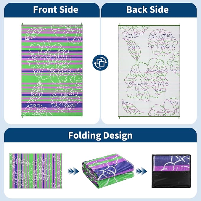 Garvee 8x10 Outdoor Waterproof Rug, Floral Outdoor Area Rug，Reversible Plastic Straw Patio Rug, Portable Camping Mat for RV, Picnic, Beach, Balcony, Garden & Camping Green