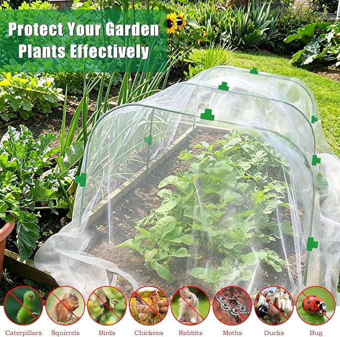 10 X 50 FT Garden Mesh Netting Kit Pest Barrier for Raised Beds, Fruit Tree Netting with 10 Sets Garden Hoops & 20 Clips for Cicadas Bird Insect, Blueberry Bush Netting Cover for Garden Protection