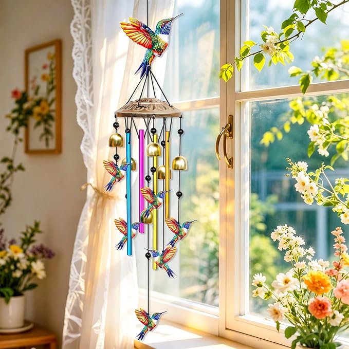 35" Wind Chimes for Outside, Hand-Tuned Aluminum Windchimes with 6 Bells & Hummingbird Decor, Rustproof Metal Chimes for Garden Patio Porch, Sympathy Memorial Gift(Hummingbird)