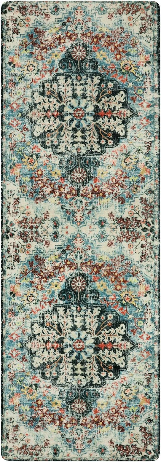 Lahome Reine Bohemian Floral 2'8" x 8' Washable Hallway Runner Rug, Non Slip Kitchen Carpet Runners, Turkish Soft Pet Friendly Stair Mat for Bathroom Laundry Room Sunroom, Teal
