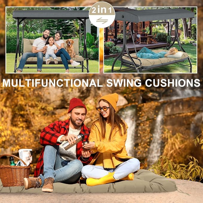 Outdoor Porch Swing Cushions Waterproof Thicken 5" Replacement Porch Swing Cushion with Backrest for Outdoor Furniture (Khaki 48 × 40 ")
