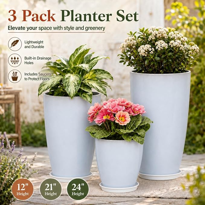 Neoaider Set of 3 Tall Planter, 24/21/12in Large Plastic Planter, Off White | Ceramic-Look, Lightweight, Built-in Drain Hole, Saucers, Tall Outdoor Planter for Porch, Garden, Patio, Balcony