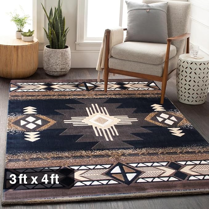 YHSF South West Native American Area Rug C318 - Easy Clean, Thick, Soft, Durable Native Tribal American Indian Inspired Rug for Bedroom/Living Room and More - Black, 3 Feet x 4 Feet 7 Inches
