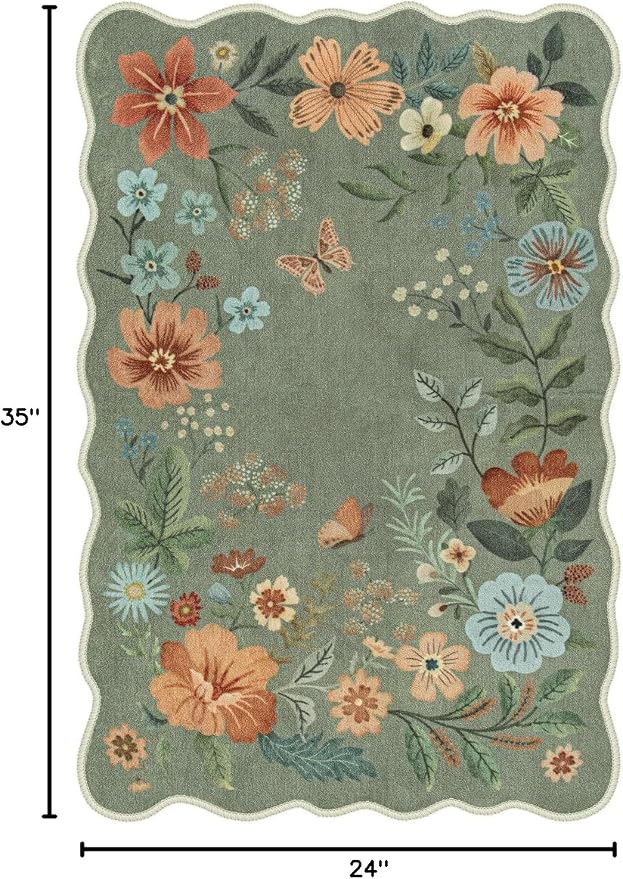 Lahome Floral Rugs for Entryway, 2X3 Washable Kitchen Rugs Ultra-Thin Soft Rug, Non Slip Indoor Door Mat Stain Resistant Boho Small Flore Throw Carpet for Bathroom Bedroom (2x3ft,Green)