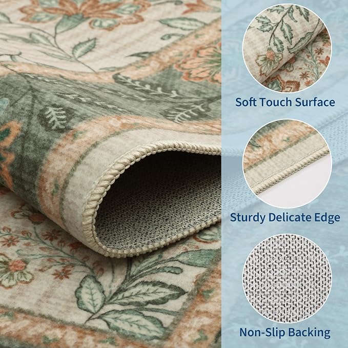 GarveeHome 9x12 Sage Green Washable Large Area Rug Living Room Non Slip | Soft Country Mat Carpet Indoor Botanical Floral Rug for Bedroom Dining Room Playroom Nursery Room Home Office