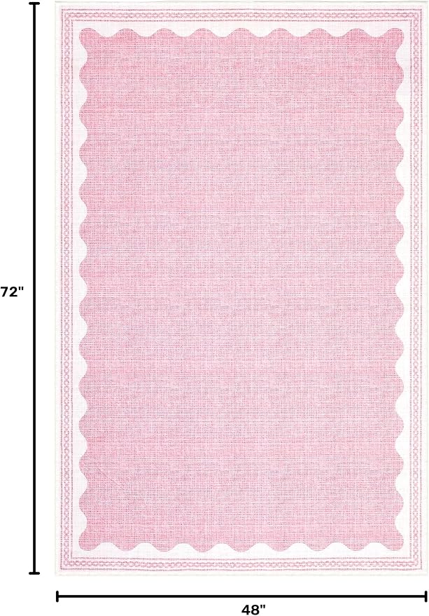 GarveeHome 4x6 Rug Non-Slip Washable Low-Pile Carpet - Scalloped Solid Pink Modern Minimalism Rugs for Bedroom Living Room Nursery Kitchen Entryway Indoor Mat with Rubber Back