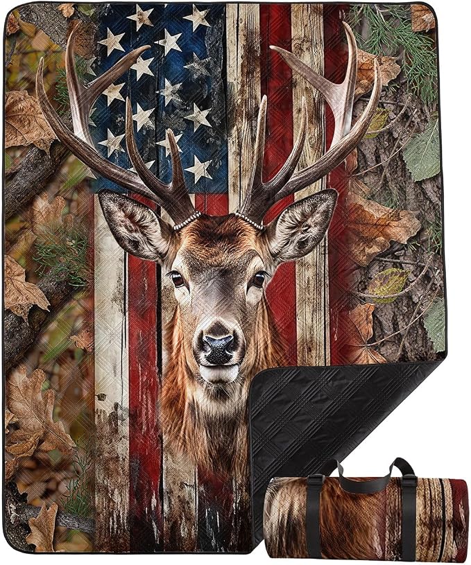 Outdoor Picnic Blanket,Portable Sandproof Waterproof Picnic Mat,American Flag Deer Printed Camping Beach Mat for Sand and Wet Grass Hiking (Deer S)