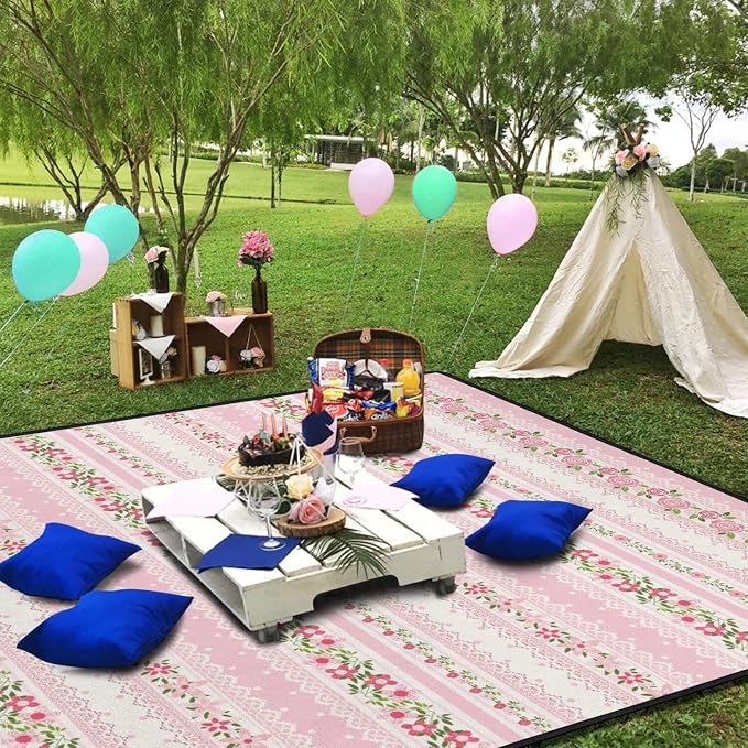 Pink Flower Picnic Blankets Waterproof Foldable, 60’‘x80'' Portable Outdoor Picnic Mat Water Resistant for Grass, Padded Lawn & Park Blanket for Camping, Hiking
