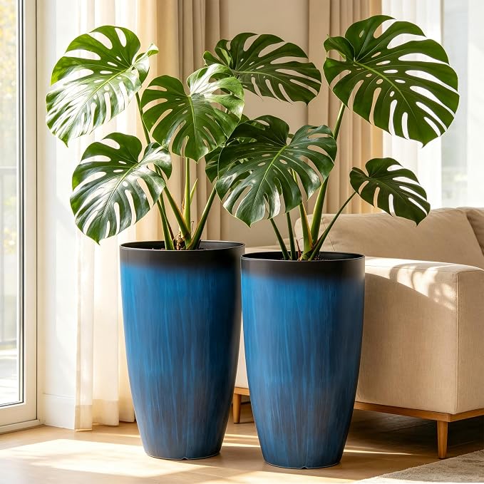 Autodaya 23.8" Tall Planters Set of 2, Large Plastic Plant Pots with Artistic Floating Cobalt Blue Glaze, UV-Resistant Lightweight PP Flower Pots for Outdoor Indoor Plants, Garden, Patio, Deck, Porch