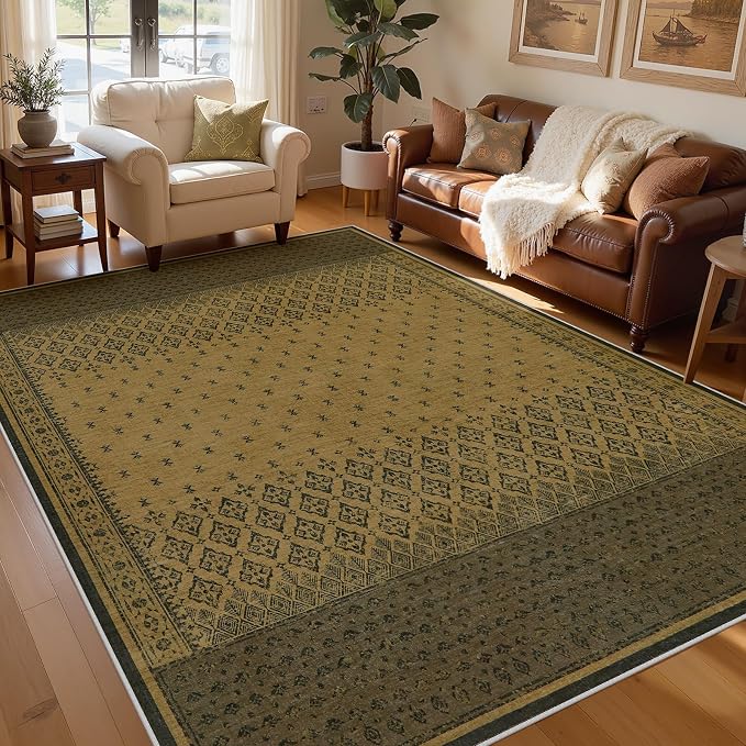 Joydeco Vintage Living Room Rugs 5x7, Washable Area Rugs for Bedroom | Non Slip Low Pile Soft Thin Stain Resistant Boho Geometric Indoor Floor Carpet for Entryway Dining Room Home Office Brown