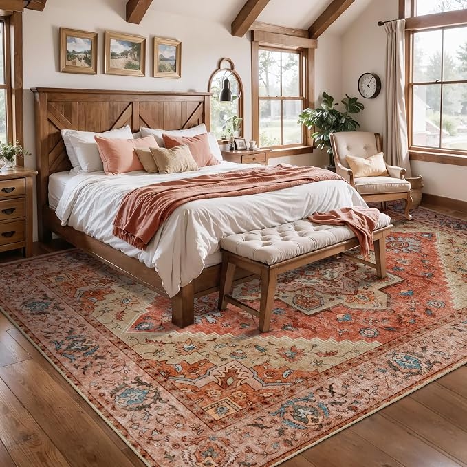 Tangsoo Vintage 4x6 Area Rugs for Living Room, Washable Indoor Non Slip Rug | Oriental Machine Washable Large Rug Carpet, Boho Soft Low Pile Foldable Rugs for Dining Room Bedroom Dorm Bedside Terracotta