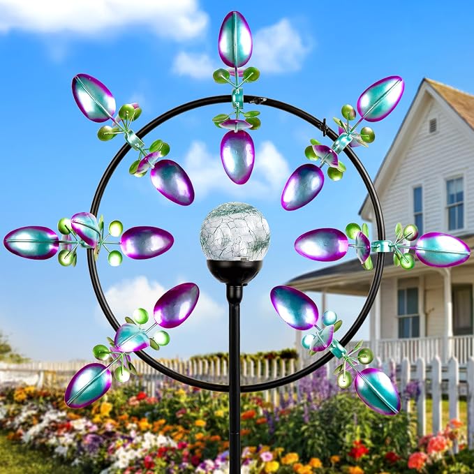 Large Peacock Solar Wind Spinner Outdoor - Metal Kinetic Sculptures with Color-Changing Glass Ball, Dual Direction Spinning Garden Art Decor, Waterproof Lighted Windmills for Patio, Yard, Lawn
