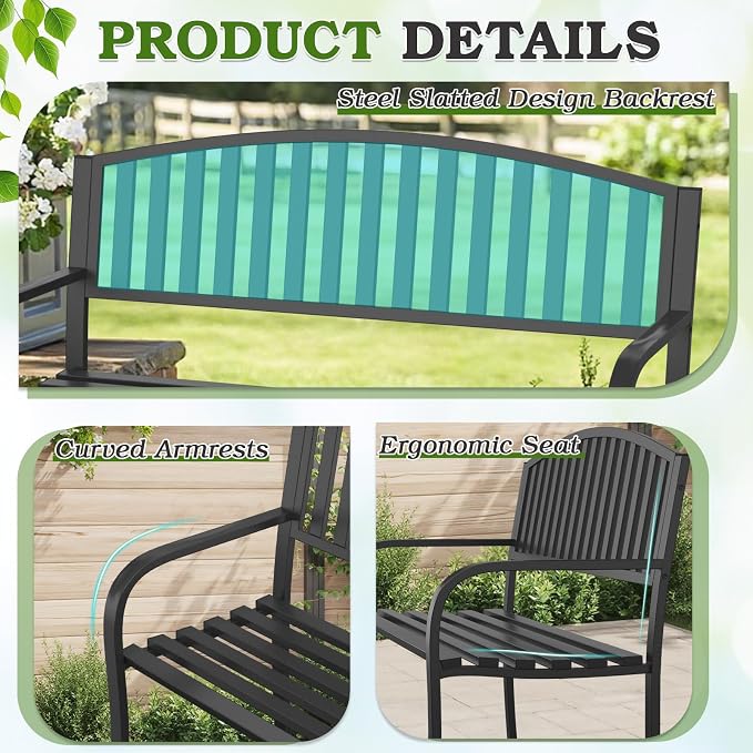 50" Outdoor Garden Bench, Iron Metal Frame Patio Bench with Backrest and Armrests, Weatherproof Anti-Rust Outdoor Bench for Front Porch, Park, Yard, Patio (402-32BK)