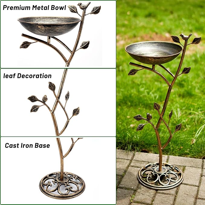 HOUYANG Diam 11.4" W x 31" H Cast Iron Pedestal Bird Bath, Bird Baths for Outdoors,Vintage Metal Bird Bath Garden Yard Decoration