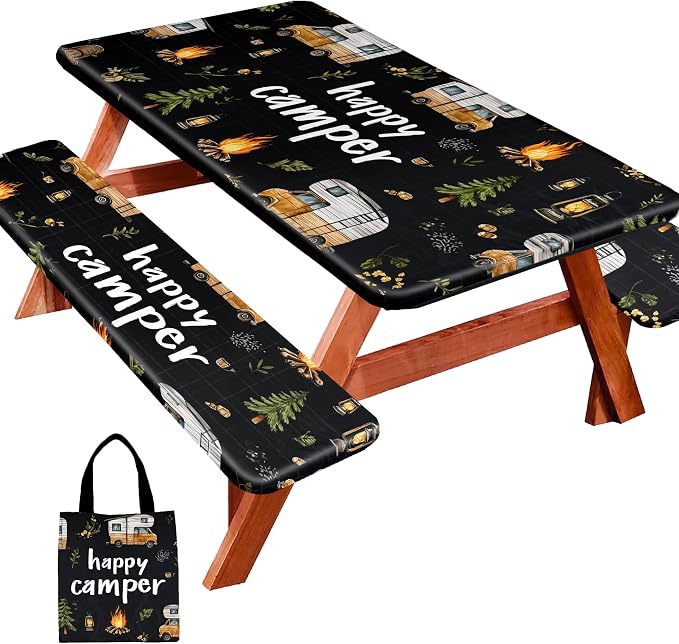 Picnic Table Cover with Bench Covers, Camping Essentials, Fitted Camping Tablecloth with Bag, Waterproof and oilproof with elastic Edge for Indoor Outdoor Patio, 72in (RV Camper)