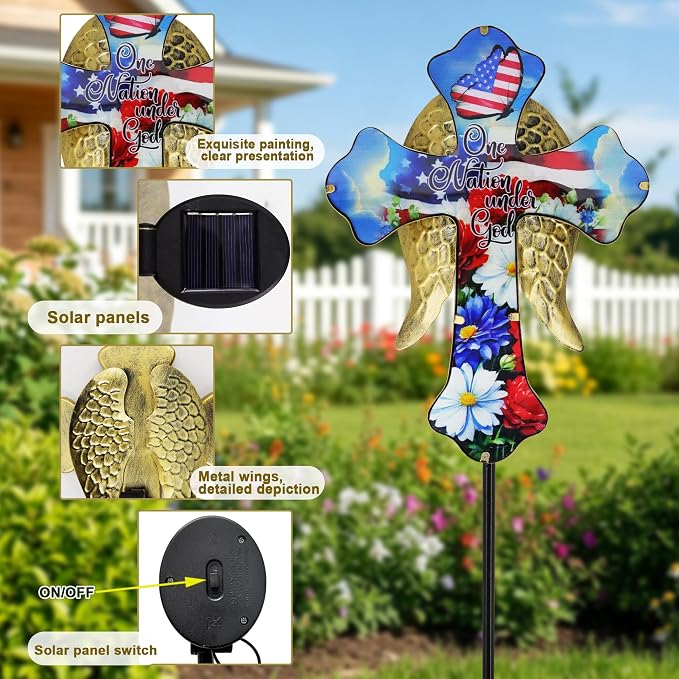 33.5" Independence Day Solar Cross Garden Stake – Angel Wing Memorial Light, IP65 Waterproof Cemetery Decor for Graves, Outdoor Yard Art for Fourth of July, Easter, Patio – Sympathy Gift