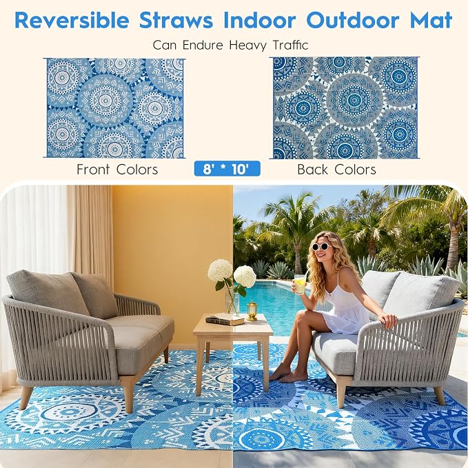 Alfolo Patio Rugs Outdoor 8x10 Waterproof Plastic Straw Reversible Outdoor Rugs for Deck,Backyard,RV Camping,Poolside, Stain & UV Resistant Fade Proof Portable Boho Blue & White Outdoor Mat