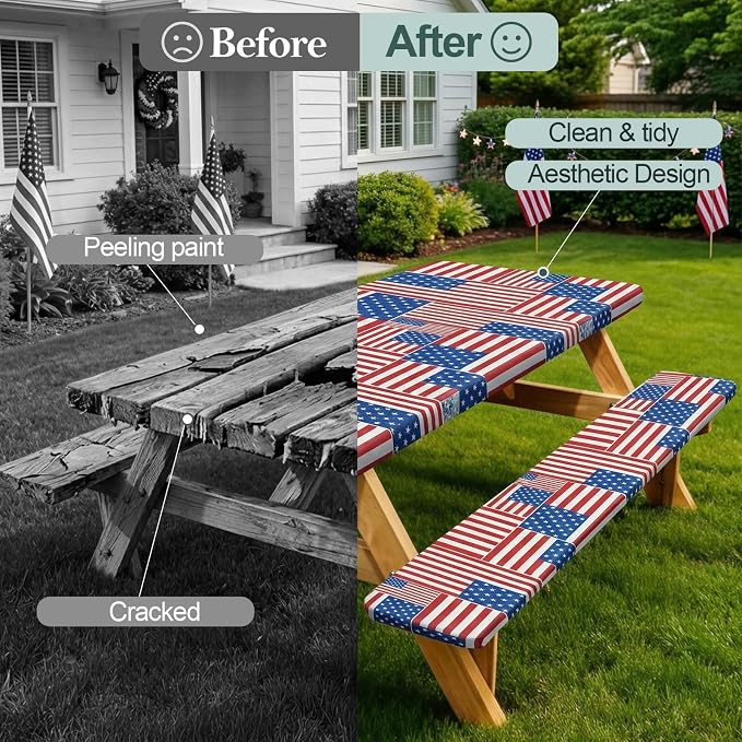Play Tailor Picnic Table Cover with Bench Covers Camping Essentials Waterproof Windproof Camping Tablecloth with Drawstring Bag, Fitted Rectangle Tables and Seats, 72in, Red Blue White