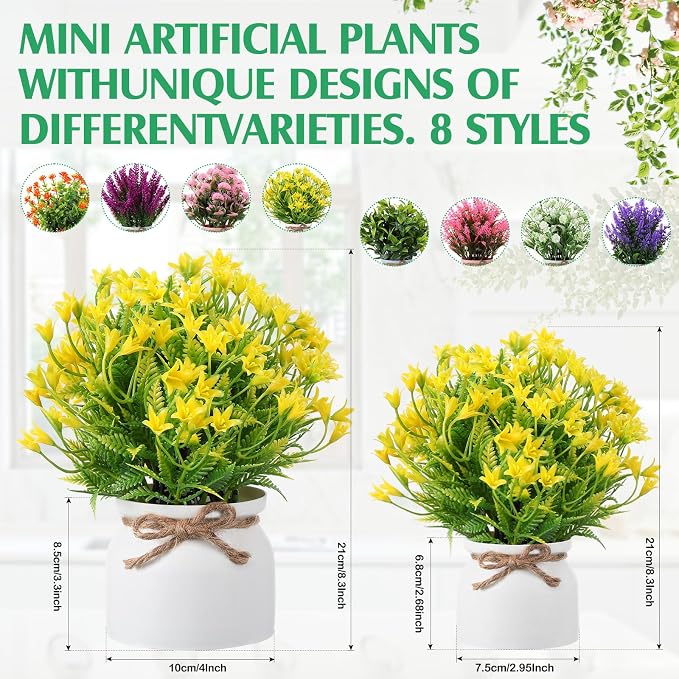Cindeer 8 Pcs Small Artificial Potted Flowers Fake Potted Plants Plastic Faux Flowers for Home Decor Indoor Artificial Plants in Pots for Wedding Home Desk Tabletop Outdoor Office Kitchen