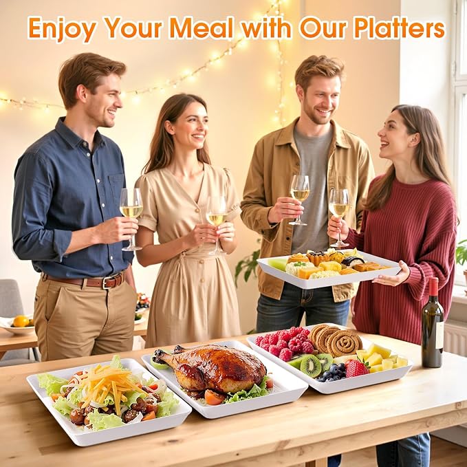 6-Pack Serving Tray, Serving Platter for Parties, Entertaining, Camping & Food Display, Reusable & Stackable Plastic Trays in Kitchen, Rectangular Food Platters for Cookie, Appetizer(White)