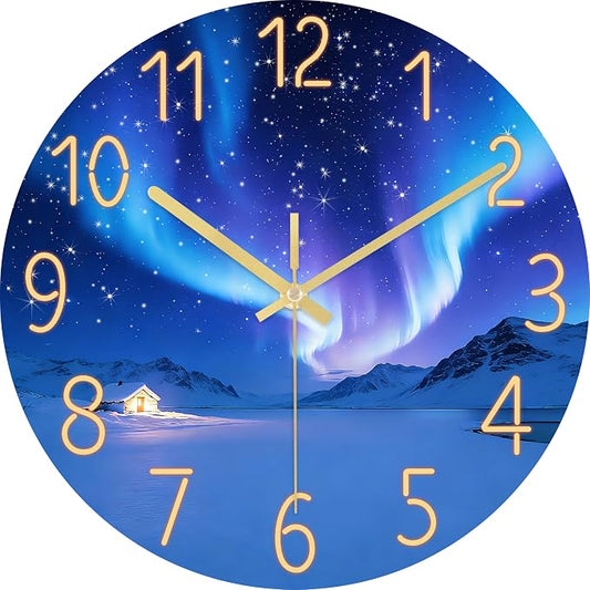 WISKALON Indoor Outdoor Glass Clock 12 Inch Waterproof Unusual Silent Non Ticking Aurora Wall Clocks Battery Operated for Patio, Pool, Garden, Backyard, Bathroom(Blue)