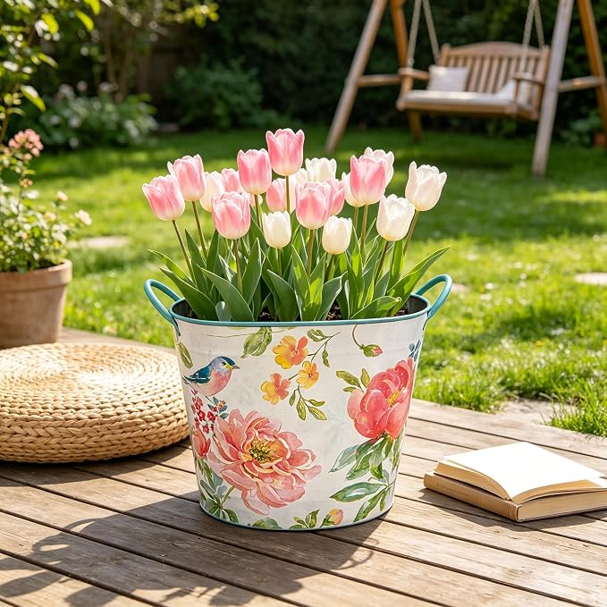 Vintage Watercolor Metal Bucket Planter with Floral & Bird Print , 13" Large Decorative Flower Pot with Handles for Indoor Outdoor Garden, Farmhouse Kitchen, Wedding and Rustic Home Decor (Flower#4)