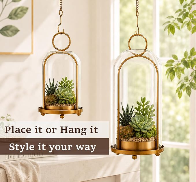 Hurricane Metal Candle Holder Set of 2, 12” & 7.5”, with Handcrafted Glass Dome for Pillar Candle, Plants & 2 Timer Candles for Indoor Outdoor Decor Decorative Table Centerpiece (Vintage, Set of 2)
