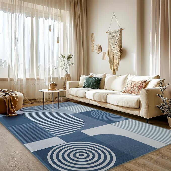 Area Rug 6x9 Living Room Blue Geometric Rug Machine Washable Minimalist Line Mid Century Modern Area Rugs Non Slip Low Pile Large Dining Room Indoor Floor Carpet for Bedroom Office,Blue