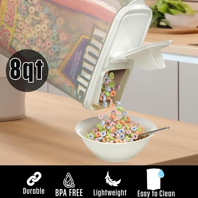 Buddeez Bulk Food Storage Container - 8 Quart All Purpose Clear & Large Pantry and Kitchen Organization and Storage - Cereal, Bird Seeds, Flour, Sugar, Rice Dispenser, EZ Grip Handle (White Lid)