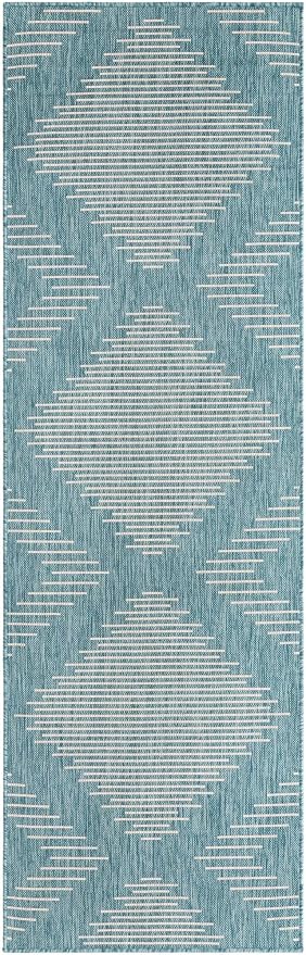 Unique Loom Outdoor Modern Collection Area Rug - Tambor (2' x 8' Runner, Light Aqua/ Ivory)