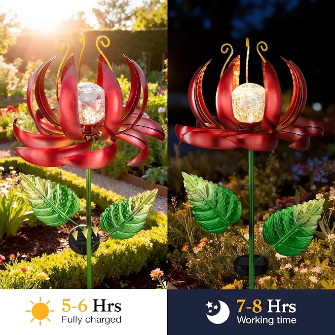 Solar Yard Lights Wind Spinners- Metal Lotus Flower Garden Decor LED Crackle Glass Globe Yard Art Sculpture Solar Stake Lights for Patio Pathway Lawn Walkway (Red-Large)