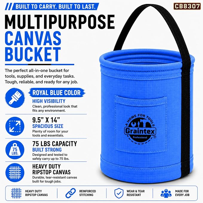 Graintex Canvas Utility Bucket 9.5"x14", Round Tool Bucket, Reinforced Base & Carry Handle, Ripstop Canvas, Ideal Multi-Purpose Bag for Jobsite, Gardening, Home Use, Tool Storage - Royal Blue