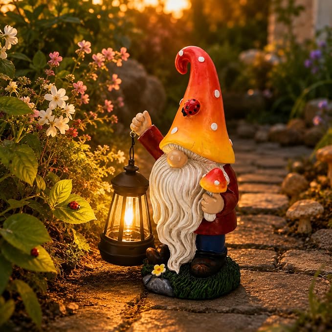 Solar Garden Gnome Statue : Mushroom Outdoor Lantern Decor | Waterproof Resin,Figurine Lights,Yard Lawn Porch Balcony Patio Home Decorations,Gifts for Mom Women Grandma