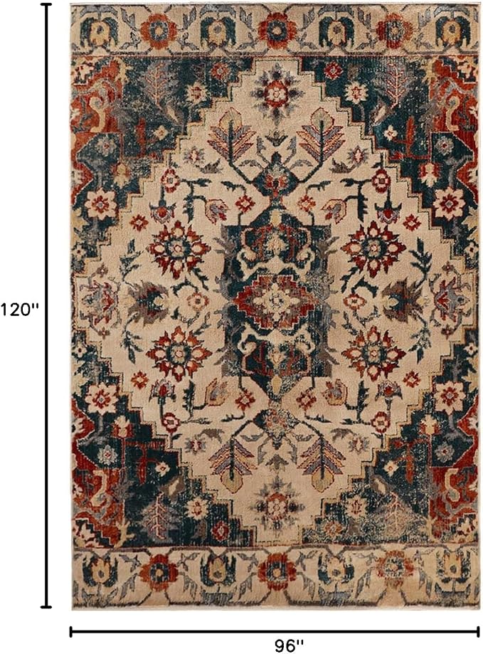 Superior Indoor Area Rug or Runner, Patchwork Rustic Leaves Floor Decor, Soft Plush Rugs for Living Room, Office, Kitchen, Dining, Aesthetic Home Accessories, Zelder Collection 8ft x 10ft -Ivory-Teal